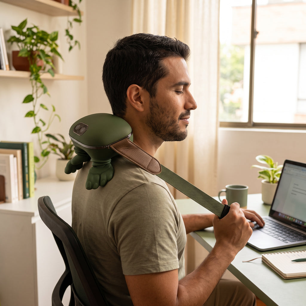 Hombre usando el masajeador mientras trabaja en el computador